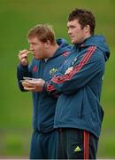24 September 2013; Munster's Peter O'Mahony, right, and Stephen Archer look on during squad training ahead of their Celtic League 2013/14 Round 4 game against Newport Gwent Dragons on Saturday. Munster Rugby Squad Training & Media Briefing, University of Limerick, Limerick. Picture credit: Diarmuid Greene / SPORTSFILE
