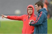 24 September 2013; Munster's Mike Sherry, left, in converstion with team-mate Peter O'Mahony during squad training ahead of their Celtic League 2013/14 Round 4 game against Newport Gwent Dragons on Saturday. Munster Rugby Squad Training & Media Briefing, University of Limerick, Limerick. Picture credit: Diarmuid Greene / SPORTSFILE
