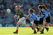 22 September 2013; Niamh Meehan, from St. Joseph's P.S. Belfast, Antrim, representing Mayo, in action against, from left, Joyce Keegan-McNally, from St. Pius Girls N.S. Terenure, Dublin, Niamh Beirne, from St. Manchan's N.S. Mohill, Leitrim, and Sinéad O'Neill, from St. Matthews N.S. Ballymahon, Longford, representing Dublin. INTO/RESPECT Exhibition GoGames during the GAA Football All-Ireland Senior Championship Final between Dublin and Mayo, Croke Park, Dublin. Picture credit: Ray McManus / SPORTSFILE