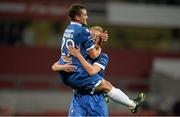 24 September 2013; Jason Hughes, Limerick FC, left, celebrates with team-mate Dave O'Leary after scoring his side's first goal. Airtricity League Premier Division, Limerick FC v Shamrock Rovers, Thomond Park, Limerick. Picture credit: Diarmuid Greene / SPORTSFILE