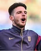 7 September 2024; Declan Rice of England sings the England national anthem before the UEFA Nations League B Group 2 match between Republic of Ireland and England at Aviva Stadium in Dublin. Photo by Ben McShane/Sportsfile