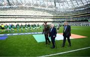 7 September 2024; President of Ireland Michael D Higgins accompanied by FAI president Paul Cooke before the UEFA Nations League B Group 2 match between Republic of Ireland and England at Aviva Stadium in Dublin. Photo by Stephen McCarthy/Sportsfile