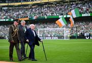 7 September 2024; President of Ireland Michael D Higgins accompanied by FAI president Paul Cooke before the UEFA Nations League B Group 2 match between Republic of Ireland and England at Aviva Stadium in Dublin. Photo by Stephen McCarthy/Sportsfile