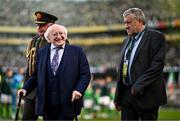 7 September 2024; President of Ireland Michael D Higgins, left, and FAI President Paul Cooke before the UEFA Nations League B Group 2 match between Republic of Ireland and England at Aviva Stadium in Dublin. Photo by Ben McShane/Sportsfile
