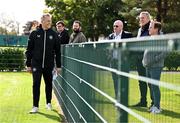 9 September 2024; Head coach Heimir Hallgrimsson with, from left, Gavin Cooney of The42.ie, Nathan Murphy of OffTheBall, Philip Quinn of The Irish Daily Mail, FAI international and high performance committee Packie Bonner and John Fallon of The Irish Examiner during a Republic of Ireland training session at the FAI National Training Centre in Abbotstown, Dublin. Photo by Stephen McCarthy/Sportsfile