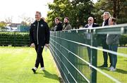 9 September 2024; Head coach Heimir Hallgrimsson with, from left, Gavin Cooney of The42.ie, Nathan Murphy of OffTheBall, Philip Quinn of The Irish Daily Mail, FAI international and high performance committee Packie Bonner and John Fallon of The Irish Examiner during a Republic of Ireland training session at the FAI National Training Centre in Abbotstown, Dublin. Photo by Stephen McCarthy/Sportsfile