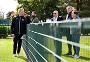 9 September 2024; Head coach Heimir Hallgrimsson with, from left, Gavin Cooney of The42.ie, Nathan Murphy of OffTheBall, Philip Quinn of The Irish Daily Mail, FAI international and high performance committee Packie Bonner and John Fallon of The Irish Examiner during a Republic of Ireland training session at the FAI National Training Centre in Abbotstown, Dublin. Photo by Stephen McCarthy/Sportsfile