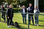 9 September 2024; Head coach Heimir Hallgrimsson with, from left, Gavin Cooney of The42.ie, Nathan Murphy of OffTheBall, Philip Quinn of The Irish Daily Mail, FAI international and high performance committee Packie Bonner and John Fallon of The Irish Examiner during a Republic of Ireland training session at the FAI National Training Centre in Abbotstown, Dublin. Photo by Stephen McCarthy/Sportsfile