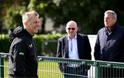 9 September 2024; Head coach Heimir Hallgrimsson with, from left, Philip Quinn of The Irish Daily Mail and FAI international and high performance committee Packie Bonner during a Republic of Ireland training session at the FAI National Training Centre in Abbotstown, Dublin. Photo by Stephen McCarthy/Sportsfile