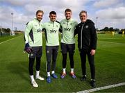 9 September 2024; Goalkeeping coach Gudmundur Hreidarsson with goalkeepers, from left, Caoimhin Kelleher, Max O'Leary and Mark Travers during a Republic of Ireland training session at the FAI National Training Centre in Abbotstown, Dublin. Photo by Stephen McCarthy/Sportsfile