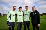 9 September 2024; Goalkeeping coach Gudmundur Hreidarsson with goalkeepers, from left, Caoimhin Kelleher, Max O'Leary and Mark Travers during a Republic of Ireland training session at the FAI National Training Centre in Abbotstown, Dublin. Photo by Stephen McCarthy/Sportsfile