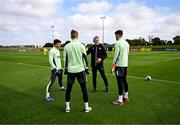 9 September 2024; Goalkeeping coach Gudmundur Hreidarsson with goalkeepers, from left, Max O'Leary, Caoimhin Kelleher and Mark Travers during a Republic of Ireland training session at the FAI National Training Centre in Abbotstown, Dublin. Photo by Stephen McCarthy/Sportsfile