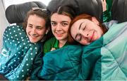 9 September 2024; Paralympics Ireland athletes pictured on arrival into Dublin on EI 525 from Paris with Aer Lingus, Official Airline Partner to Paralympics Ireland. The triumphant team were welcomed by an Aer Lingus guard of honour and were greeted by family, friends and supporters at arrivals. Aer Lingus is proud to have brought Team Ireland, thousands of supporters, and #HomeAdvantage to Paris throughout the competition. Pictured is swimmers, from left, Róisín Ni Riain, Nicole Turner and Ellen Keane. Photo by Ramsey Cardy/Sportsfile