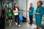 9 September 2024; Paralympics Ireland athletes pictured on arrival into Dublin on EI 525 from Paris with Aer Lingus, Official Airline Partner to Paralympics Ireland. The triumphant team were welcomed by an Aer Lingus guard of honour and were greeted by family, friends and supporters at arrivals. Aer Lingus is proud to have brought Team Ireland, thousands of supporters, and #HomeAdvantage to Paris throughout the competition. Pictured is Nicole Turner, left, and Ellen Keane with Aer Lingus cabin crew Kim McFarlane and Lauren Donaghy. Photo by Ramsey Cardy/Sportsfile