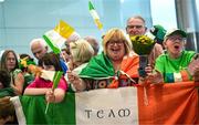 9 September 2024; Supporters await the arrival of Paralympics Ireland athletes into Dublin on EI 525 from Paris with Aer Lingus, Official Airline Partner to Paralympics Ireland. The triumphant team were welcomed by an Aer Lingus guard of honour and were greeted by family, friends and supporters at arrivals. Aer Lingus is proud to have brought Team Ireland, thousands of supporters, and #HomeAdvantage to Paris throughout the competition. Photo by David Fitzgerald/Sportsfile