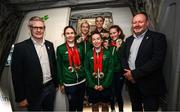 9 September 2024; Aer Lingus Chief Corporate Affairs Officer Donal Moriarty, left, and Aer Lingus Chief Operations Officer Adrian Dunne, right, with Paralympics Ireland athletes, back row, Orla Comerford, left, and Eve McCrystal, and front row, from left, Katie-George Dunlevy, Linda Kelly and Róisín Ní Riain on arrival into Dublin on EI 525 from Paris with Aer Lingus, Official Airline Partner to Paralympics Ireland. The triumphant team were welcomed by an Aer Lingus guard of honour and were greeted by family, friends and supporters at arrivals. Aer Lingus is proud to have brought Team Ireland, thousands of supporters, and #HomeAdvantage to Paris throughout the competition. Photo by Ramsey Cardy/Sportsfile