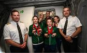 9 September 2024; Aer Lingus pilots Hugo McNulty, left, and Alex Duffy with Paralympics Ireland athletes, back row, Orla Comerford, left, and Eve McCrystal, and front row, from left, Katie-George Dunlevy, Linda Kelly and Róisín Ní Riain on arrival into Dublin on EI 525 from Paris with Aer Lingus, Official Airline Partner to Paralympics Ireland. The triumphant team were welcomed by an Aer Lingus guard of honour and were greeted by family, friends and supporters at arrivals. Aer Lingus is proud to have brought Team Ireland, thousands of supporters, and #HomeAdvantage to Paris throughout the competition. Photo by Ramsey Cardy/Sportsfile