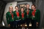 9 September 2024; Paralympics Ireland athletes, from left, Orla Comerford, Katie-George Dunlevy, Linda Kelly, Eve McCrystal and Róisín Ní Riain on arrival into Dublin on EI 525 from Paris with Aer Lingus, Official Airline Partner to Paralympics Ireland. The triumphant team were welcomed by an Aer Lingus guard of honour and were greeted by family, friends and supporters at arrivals. Aer Lingus is proud to have brought Team Ireland, thousands of supporters, and #HomeAdvantage to Paris throughout the competition. Photo by Ramsey Cardy/Sportsfile