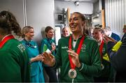 9 September 2024; Paralympics Ireland athlete Eve McCrystal on arrival into Dublin on EI 525 from Paris with Aer Lingus, Official Airline Partner to Paralympics Ireland. The triumphant team were welcomed by an Aer Lingus guard of honour and were greeted by family, friends and supporters at arrivals. Aer Lingus is proud to have brought Team Ireland, thousands of supporters, and #HomeAdvantage to Paris throughout the competition. Photo by Ramsey Cardy/Sportsfile