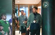 10 September 2024; Kasey McAteer, right, and Callum Robinson of Republic of Ireland arrive before the UEFA Nations League B Group 2 match between Republic of Ireland and Greece at Aviva Stadium in Dublin. Photo by Stephen McCarthy/Sportsfile