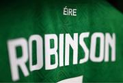10 September 2024; A detailed view of the jersey of Callum Robinson of Republic of Ireland in the dressing room before the UEFA Nations League B Group 2 match between Republic of Ireland and Greece at Aviva Stadium in Dublin. Photo by Stephen McCarthy/Sportsfile