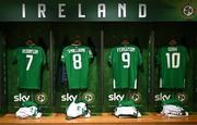 10 September 2024; The Republic of Ireland jerseys of, from left, Callum Robinson, Will Smallbone, Evan Ferguson and Adam Idah hang in the dressing room before the UEFA Nations League B Group 2 match between Republic of Ireland and Greece at Aviva Stadium in Dublin. Photo by Stephen McCarthy/Sportsfile
