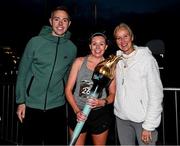 10 September 2024; First placed lady Aedín Corr of St Vincents Private Hospital with Ambassadors Dean Rock and Catherina McKiernan after the sold-out A&L Goodbody ALG5K Corporate Team Challenge, held along the vibrant streets of Dublin’s Docklands at City Quay. Photo by Shauna Clinton/Sportsfile