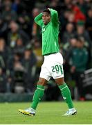 10 September 2024; Chiedozie Ogbene of Republic of Ireland reacts after his goal was ruled out for offside during the UEFA Nations League B Group 2 match between Republic of Ireland and Greece at Aviva Stadium in Dublin. Photo by David Fitzgerald/Sportsfile