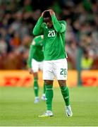 10 September 2024; Chiedozie Ogbene of Republic of Ireland reacts after his goal was ruled out for offside during the UEFA Nations League B Group 2 match between Republic of Ireland and Greece at Aviva Stadium in Dublin. Photo by David Fitzgerald/Sportsfile