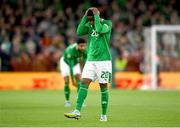 10 September 2024; Chiedozie Ogbene of Republic of Ireland reacts after his goal was ruled out for offside during the UEFA Nations League B Group 2 match between Republic of Ireland and Greece at Aviva Stadium in Dublin. Photo by David Fitzgerald/Sportsfile