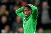 10 September 2024; Chiedozie Ogbene of Republic of Ireland reacts after his goal was ruled out for offside during the UEFA Nations League B Group 2 match between Republic of Ireland and Greece at Aviva Stadium in Dublin. Photo by David Fitzgerald/Sportsfile