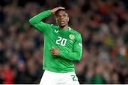 10 September 2024; Chiedozie Ogbene of Republic of Ireland reacts after his goal was ruled out for offside during the UEFA Nations League B Group 2 match between Republic of Ireland and Greece at Aviva Stadium in Dublin. Photo by Stephen McCarthy/Sportsfile