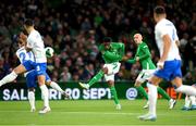 10 September 2024; Chiedozie Ogbene of Republic of Ireland shoots to score a goal, which is subsequently ruled offside, during the UEFA Nations League B Group 2 match between Republic of Ireland and Greece at Aviva Stadium in Dublin. Photo by Stephen McCarthy/Sportsfile