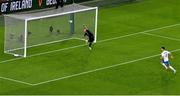 10 September 2024; Greece goalkeeper Odysseas Vlachodimos is beaten by a shot from Chiedozie Ogbene of Republic of Ireland, not pictured, but the goal was ruled out for offside, during the UEFA Nations League B Group 2 match between Republic of Ireland and Greece at Aviva Stadium in Dublin. Photo by Piaras Ó Mídheach/Sportsfile