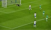 10 September 2024; Greece goalkeeper Odysseas Vlachodimos is beaten by a shot from Chiedozie Ogbene of Republic of Ireland, not pictured, but the goal was ruled out for offside, during the UEFA Nations League B Group 2 match between Republic of Ireland and Greece at Aviva Stadium in Dublin. Photo by Piaras Ó Mídheach/Sportsfile