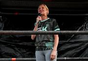 10 September 2024; Ambassador Catherina McKiernan at the start gantry of leads the mass warm up ahead of the sold-out A&L Goodbody ALG5K Corporate Team Challenge, held along the vibrant streets of Dublin’s Docklands at City Quay. Photo by Shauna Clinton/Sportsfile