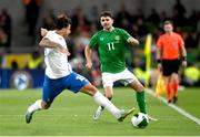 10 September 2024; Robbie Brady of Republic of Ireland in action against Lazaros Rota of Greece during the UEFA Nations League B Group 2 match between Republic of Ireland and Greece at Aviva Stadium in Dublin. Photo by David Fitzgerald/Sportsfile