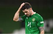 10 September 2024; Robbie Brady of Republic of Ireland reacts after the UEFA Nations League B Group 2 match between Republic of Ireland and Greece at Aviva Stadium in Dublin. Photo by David Fitzgerald/Sportsfile