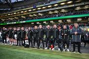 10 September 2024; Republic of Ireland head coach Heimir Hallgrimsson with coaches and staff, from right, assistant head coach John O'Shea, assistant coach Paddy McCarthy, analyst Ger Dunne, goalkeeping coach Gudmundur Hreidarsson, head of athletic performance Damien Doyle, team doctor Sean Carmody, lead physiotherapist Danny Miller, athletic therapist Sam Rice, StatSport analyst Andrew Morrissey, physiotherapist David Breen and kit and equipment manager Karl McKenna before the UEFA Nations League B Group 2 match between Republic of Ireland and Greece at Aviva Stadium in Dublin. Photo by Stephen McCarthy/Sportsfile