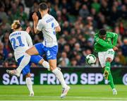 10 September 2024; Chiedozie Ogbene of Republic of Ireland shoots to score a goal, which is subsequently ruled offside, during the UEFA Nations League B Group 2 match between Republic of Ireland and Greece at Aviva Stadium in Dublin. Photo by Stephen McCarthy/Sportsfile Photo by Stephen McCarthy/Sportsfile