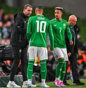 10 September 2024; Republic of Ireland assistant head coach John O'Shea with Adam Idah, 10, and Callum Robinson of Republic of Ireland during the UEFA Nations League B Group 2 match between Republic of Ireland and Greece at Aviva Stadium in Dublin. Photo by Stephen McCarthy/Sportsfile