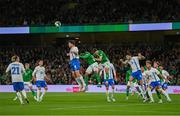 10 September 2024; Fotis Ioannidis of Greece in action against Andrew Omobamidele and Dara O'Shea of Republic of Ireland during the UEFA Nations League B Group 2 match between Republic of Ireland and Greece at Aviva Stadium in Dublin. Photo by Stephen McCarthy/Sportsfile