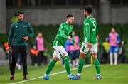10 September 2024; Matt Doherty of Republic of Ireland comes onto the pitch during a substitution to replace Andrew Omobamidele, right, during the UEFA Nations League B Group 2 match between Republic of Ireland and Greece at Aviva Stadium in Dublin. Photo by Stephen McCarthy/Sportsfile