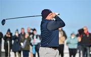 11 September 2024; Former Ireland rugby captain Rory Best watches his drive from the first tee box during the Pro Am before the Amgen Irish Open Golf Championship 2024 at the Royal County Down Golf Club in Newcastle, Down. Photo by Sam Barnes/Sportsfile