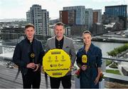 11 September 2024; Former Republic of Ireland goalkeeper Shay Given, centre, with UCD footballer Ronan Finn and presenter Aisling O'Reilly in attendance as Premier Sports is set to launch an expanded lineup of football and rugby content this autumn, featuring UEFA club competitions and EPCR Rugby, unveiled at The Marker Hotel in Dublin. Photo by David Fitzgerald/Sportsfile