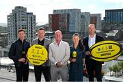 11 September 2024; CEO of Premier Sports Ryle Nugent, centre, with, from left, UCD footballer Ronan Finn, former Republic of Ireland goalkeeper Shay Given, presenter Aisling O'Reilly and former Ireland and Ulster rugby player Stephen Ferris as Premier Sports is set to launch an expanded lineup of football and rugby content this autumn, featuring UEFA club competitions and EPCR Rugby, unveiled at The Marker Hotel in Dublin. Photo by David Fitzgerald/Sportsfile