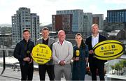 11 September 2024; CEO of Premier Sports Ryle Nugent, centre, with, from left, UCD footballer Ronan Finn, former Republic of Ireland goalkeeper Shay Given, presenter Aisling O'Reilly and former Ireland and Ulster rugby player Stephen Ferris as Premier Sports is set to launch an expanded lineup of football and rugby content this autumn, featuring UEFA club competitions and EPCR Rugby, unveiled at The Marker Hotel in Dublin. Photo by David Fitzgerald/Sportsfile