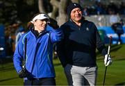 11 September 2024; Ireland hockey international Katie Mullan and former Ireland rugby captain Rory Best during the Pro Am before the Amgen Irish Open Golf Championship 2024 at the Royal County Down Golf Club in Newcastle, Down. Photo by Sam Barnes/Sportsfile