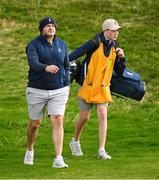 11 September 2024; Former Ireland rugby captain Rory Best with his caddie and son Ben during the Pro Am before the Amgen Irish Open Golf Championship 2024 at the Royal County Down Golf Club in Newcastle, Down. Photo by Brendan Moran/Sportsfile