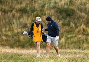 11 September 2024; Former Ireland rugby captain Rory Best with his caddie and son Ben during the Pro Am before the Amgen Irish Open Golf Championship 2024 at the Royal County Down Golf Club in Newcastle, Down. Photo by Brendan Moran/Sportsfile